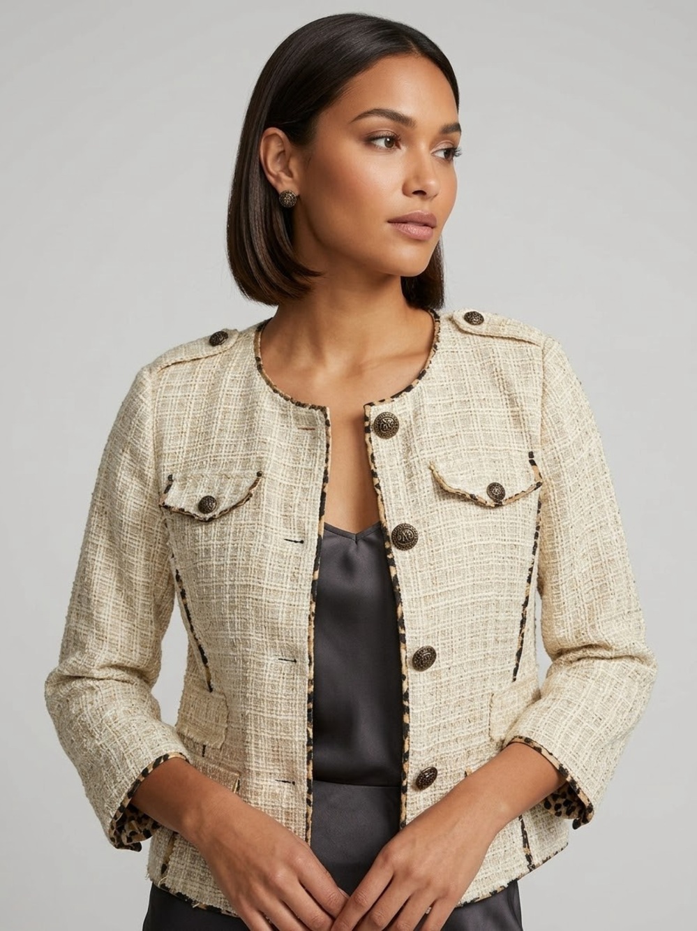 Just B Tweed Jacket Cream Gold Metallic Fringe Leopard Accent Button front Sz 6